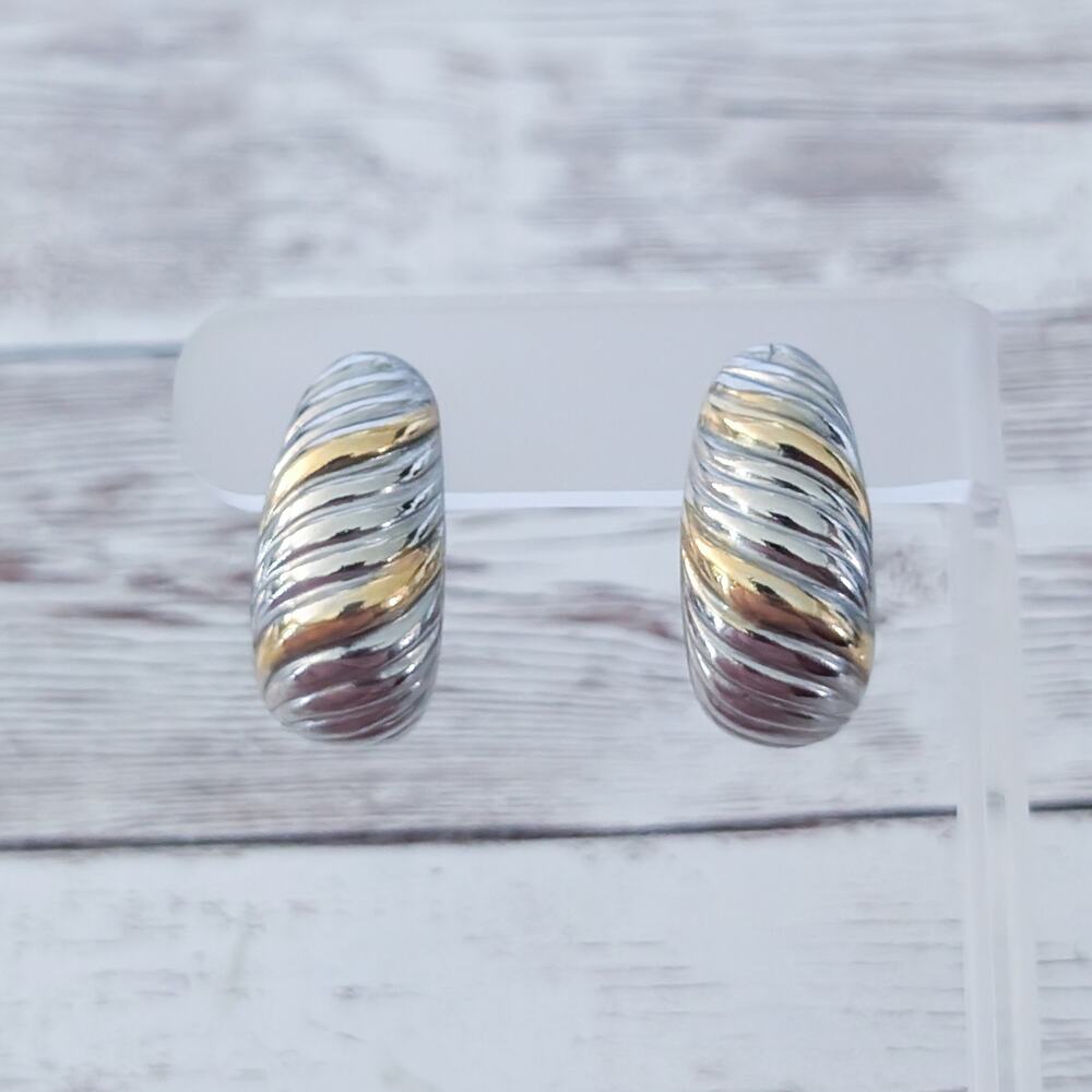 Vintage Clip On Earrings Chunky Statement Silver Tone with Gold Tone Large